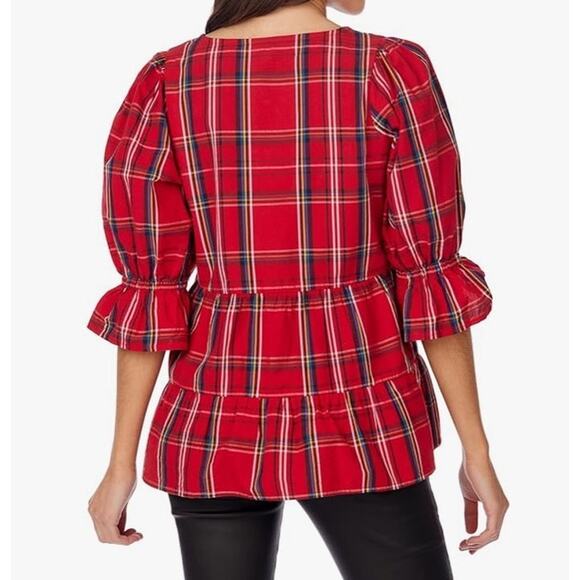 MUDPIE The Ashford Red Plaid Ruffle Tiered Vneck Top LARGE Puff Flounce Sleeve - Picture 5 of 8